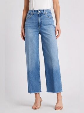 Paige Sasha wide leg jeans blue raw hem size 27 high rise medium wash revolve